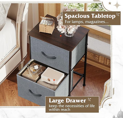 WLIVE Night Stand Set 2, Dresser and Nightstand Sets, Small Dresser for Bedroom with 2 Drawers, End Table with Fabric Bins for Closet, Bedside Furniture, College Dorm, Dark Grey