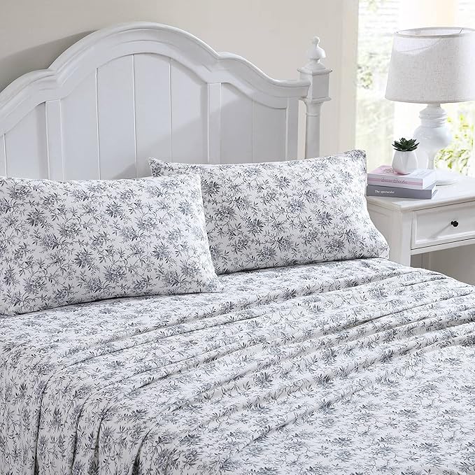 Laura Ashley - Flannel Sheets Twin Size, Anti-Pilling & Wrinkle Resistant Cotton, Touchably Soft for All-Season Comfort - Bed Sheets with Matching Pillowcase & Fitted Sheet (Faye Toile Black)