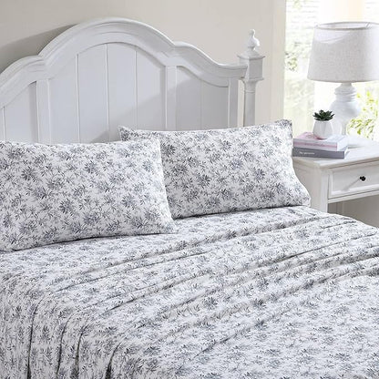 Laura Ashley - Flannel Sheets Full Size, Anti-Pilling & Wrinkle Resistant Cotton, Touchably Soft for All-Season Comfort - Bed Sheets with Matching Pillowcases & Fitted Sheet (Faye Toile Black)