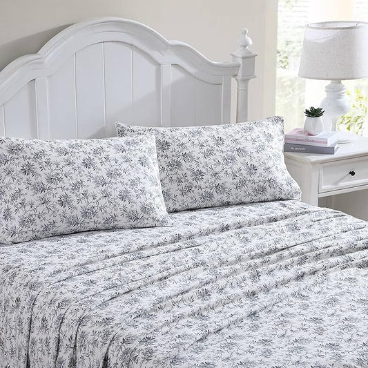 Laura Ashley - Flannel Sheets Queen Size, Anti-Pilling & Wrinkle Resistant Cotton, Touchably Soft for All-Season Comfort - Bed Sheets with Matching Pillowcases & Fitted Sheet (Faye Toile Black)