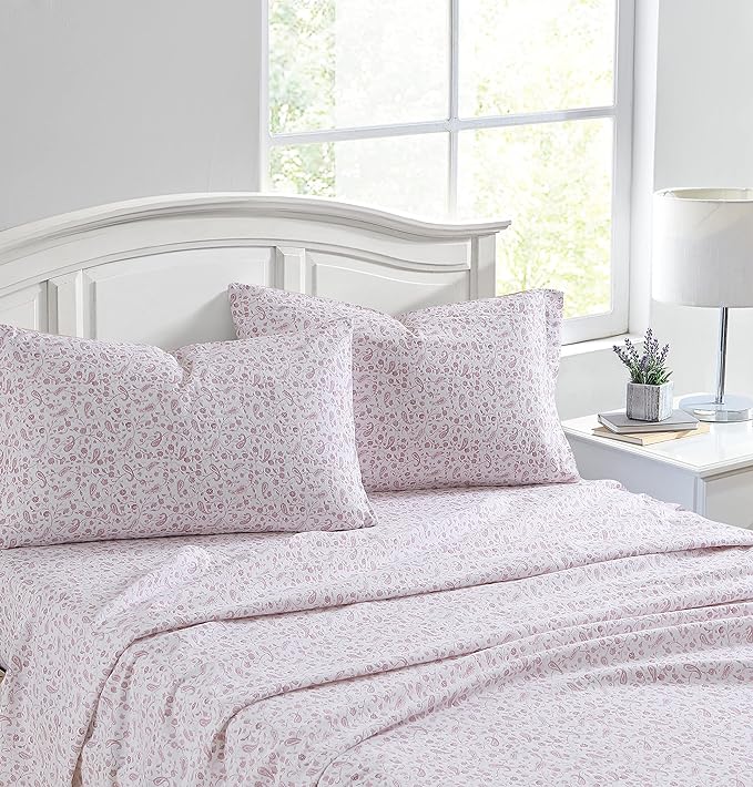 Laura Ashley - Flannel Sheets Queen Size, Anti-Pilling & Wrinkle Resistant Cotton, Touchably Soft for All-Season Comfort - Bed Sheets with Matching Pillowcases & Fitted Sheet (Paisley Prance Pink)