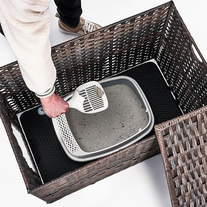 Cat Litter Box Enclosure with Litter Trapping Mat; Handwoven Plastic Rattan Kitten House; No Installation Hidden Cat Washroom; Pet Crate for Balcony,Bedroom,Living Room-Mewly Pet