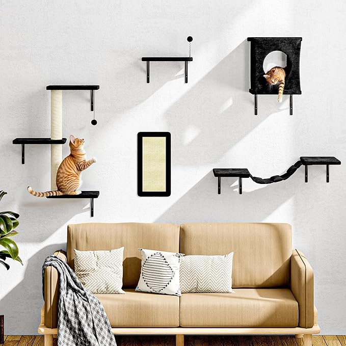 NUNU LAB Wall Mounted Cat Furniture, 5 Pcs Cat Wall Shelves with House, Bridge, Steps, Scratching Post, Shelves, Indoor Safe & Stable Furniture for Kittens Play, Black-Mewly Pet