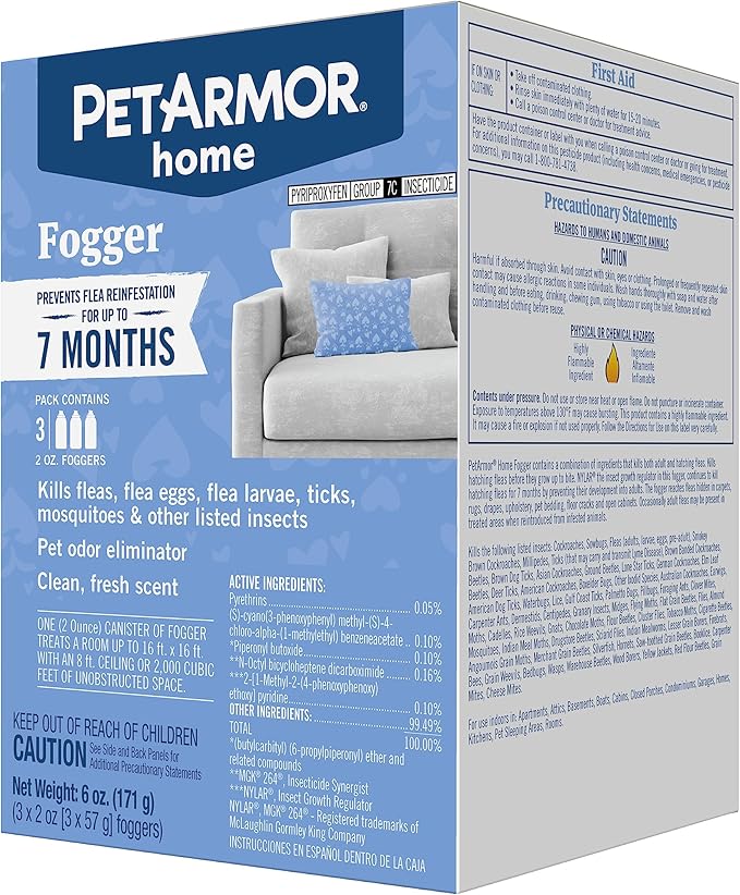 PetArmor Home Fogger, Kills Fleas, Ticks, Mosquitoes & Other Listed Insects, Helps Eliminate Pet Odor, Clean Fresh Scent, Protects for 7 Months, 3 2oz Canisters-Mewly Pet
