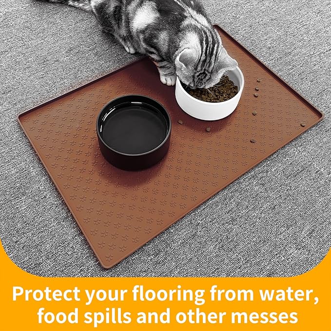 Ptlom Pet Placemat for Dog and Cat, Waterproof Silicone Pet Feeding Bowl Mats for Food and Water, Small Medium Large Dogs Mat Prevent Residues from Spilling to Floor, Brown, 24.5" 16.5"-Mewly Pet
