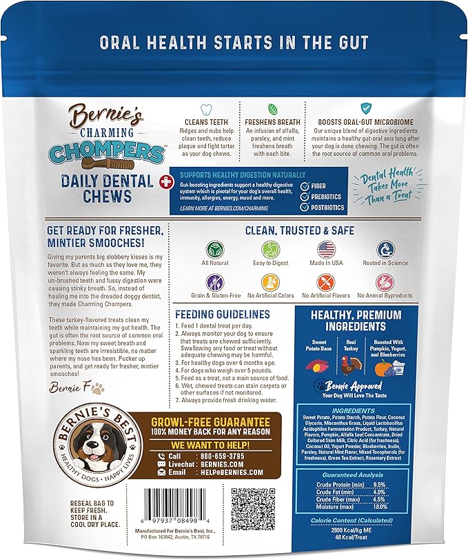Bernie's Charming Chompers - Daily Dental Chews for Dogs 15-25 Lbs. - 30 Count - Cleans Teeth, Freshens Breath, + Boosts Oral-Gut Microbiome. Easy to Digest, Supports Healthy Digestion Naturally-Mewly Pet