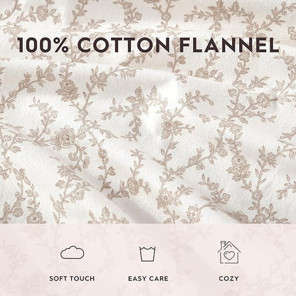 Laura Ashley - Flannel Sheets Queen Size, Anti-Pilling & Wrinkle Resistant Cotton, Touchably Soft for All-Season Comfort - Bed Sheets with Matching Pillowcases & Fitted Sheet (Victoria Beige)