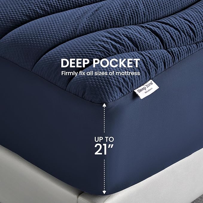 SLEEP ZONE Cooling Twin Mattress Topper, Premium Zoned Cool Mattress Pad Cover, Padded Mattress Protector Breathable Washable, Deep Pocket 8-21" (Navy, Twin)