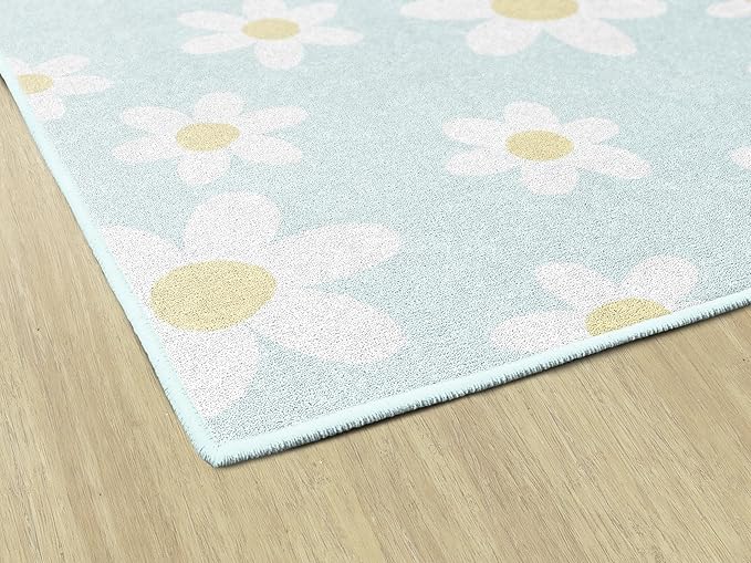 Flagship Carpets Schoolgirl Style White Daisies on Blue Educational Area Rug for Kids Room Seating Décor, Children's Classroom, Play Carpet for Teaching and Playroom, 5' x 7'6"