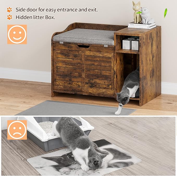 TrailBlaze Litter Box Enclosure with Top Opening&Scratching Mat, Cat Litter Box Furniture with Cushion Litter Box Hidden Wooden Cat Washroom Farmhouse Style Cat House for Hallway, Bedroom, Retro-Mewly Pet