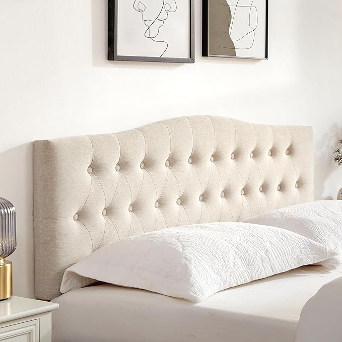 Tufted Upholstered Headboard King Size, Sturdy and Durable Solid Wood Bed headboard, Fabric Headboard Adjustable Height from 37” to 51”, Modern Button Diamond Design Head Board, Beige