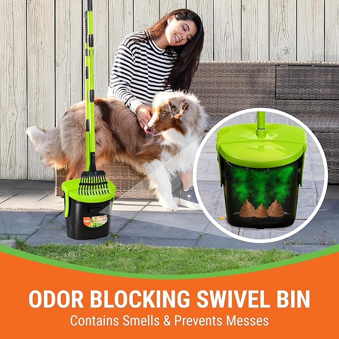 Dog Pooper Scooper with Bag Attachment, 40" Long Handle Pooper Scooper for Large Dogs, Dog Poop Scoop for Yard, Large Capacity Swivel Bin and Rake, Lavender Scented Bags (Green)-Mewly Pet