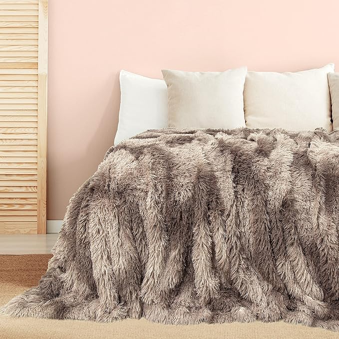 Tuddrom Decorative Extra Soft Faux Fur Blanket Queen Size 80" x 90",Solid Reversible Fuzzy Fluffy Plush Fleece Comfy Microfiber Fur Blanket for Couch Sofa Bed,Tie DyeBrown