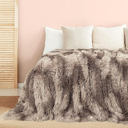 Tuddrom Decorative Extra Soft Faux Fur Blanket Twin Size,Solid Reversible Fuzzy Lightweight Long Hair Shaggy Blanket,Fluffy Plush Fleece Comfy Microfiber Throw Blanket for Couch Sofa Bed,Tie Dye Brown