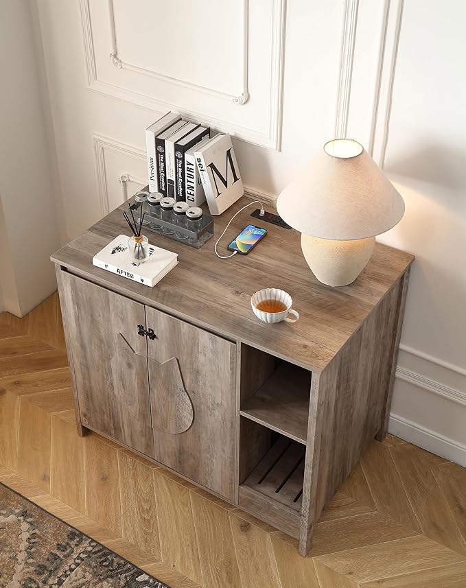 Cat-Faced Doors Cat Litter Robot Enclosure,Automatic Litter Box Enclosure for Litter Robot 3/4,Power Outlet for Litter Robot Cabinet,Litter Collector,Dog-Proof Adjustable Shelf,Grey-Mewly Pet