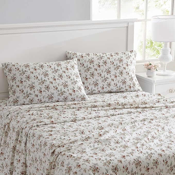 Laura Ashley - Flannel Sheets King Size, Anti-Pilling & Wrinkle Resistant Cotton, Touchably Soft for All-Season Comfort - Bed Sheets with Matching Pillowcases & Fitted Sheet (Le Fleur Orange)