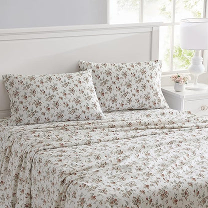 Laura Ashley - Flannel Sheets King Size, Anti-Pilling & Wrinkle Resistant Cotton, Touchably Soft for All-Season Comfort - Bed Sheets with Matching Pillowcases & Fitted Sheet (Le Fleur Orange)