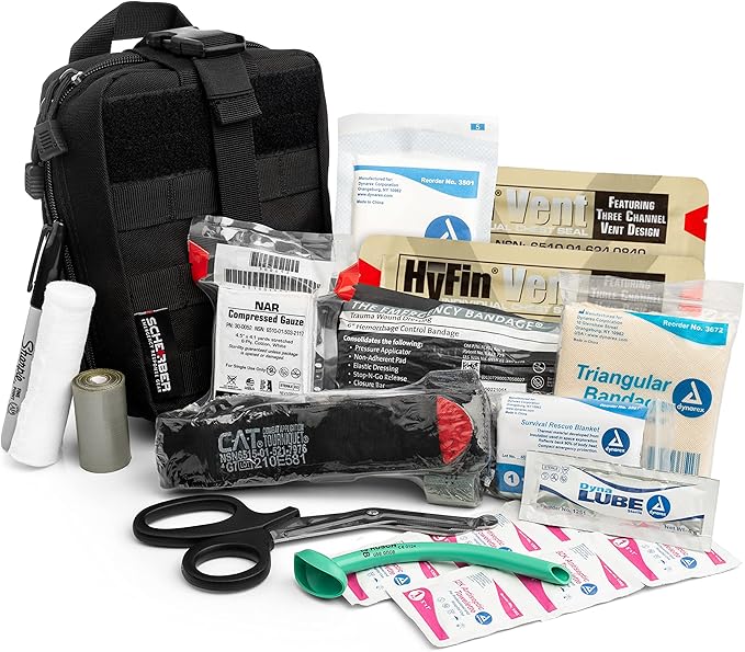 Scherber Premium IFAK Kit Trauma Pack | HSA/FSA Approved | Fully Stocked MOLLE Pouch w/CAT Tourniquet, HyFin Chest Seal, & Israeli Bandage | Trauma Kit for Gunshot, Bleeding, Major Wound Care (Black)-Mewly Pet