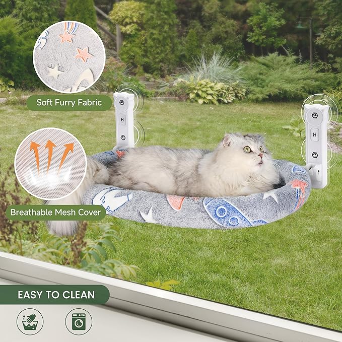 2 Pack Cat Window Perch, Glow in The Dark Foldable Cat Hammock with Cozy Pad Bed, Breathable Cordless Window Seat with Stud Metal Frame for Large Cats and Kitten (Cushion Bed, 2 Pack - L)-Mewly Pet