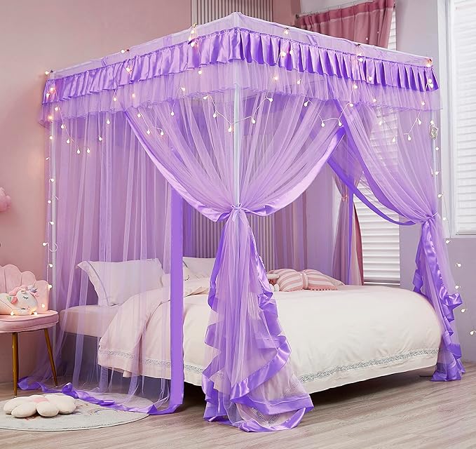 Mengersi Bed Canopy for Girls,Canopy Bed Curtains Canopy for Bed Drapes,Princess Bed Curtains Birthday Present Girls Room Decor,Purple