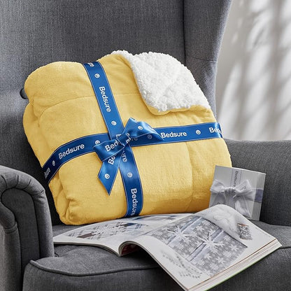 Bedsure GentleSoft Sherpa Fleece Blankets Queen Size for Bed - Thick and Warm Throw for Women and Men, Soft Fuzzy Plush Queen Blanket for Winter, Yellow, 90x90 Inches