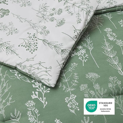 Bedsure Queen Comforter Set - Green Bed Set, 3 Pieces Cute Floral Bedding, 1 Soft Reversible Botanical Flowers Comforter and 2 Pillow Shams