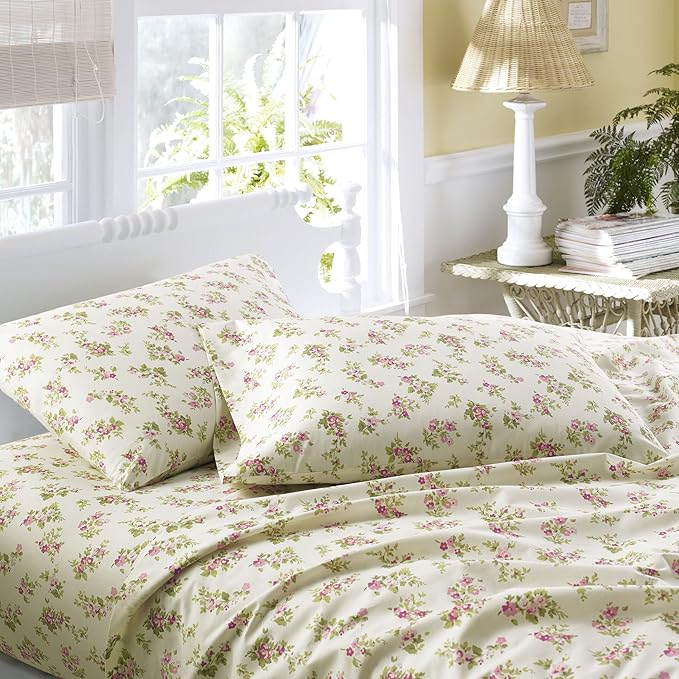 Laura Ashley Home | Flannel Collection | Premium Ultra Soft Cozy Lightweight Cotton Flannel Bedding Sheet Set, Wrinkle, Anti-Fade, Stain Resistant & Hypoallergenic, Twin, Audrey Pink (201589)