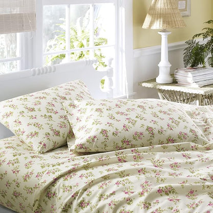 Laura Ashley Home | Flannel Collection | Premium Ultra Soft Cozy Lightweight Cotton Flannel Bedding Sheet Set, Wrinkle, Anti-Fade, Stain Resistant & Hypoallergenic, Twin, Audrey Pink (201589)