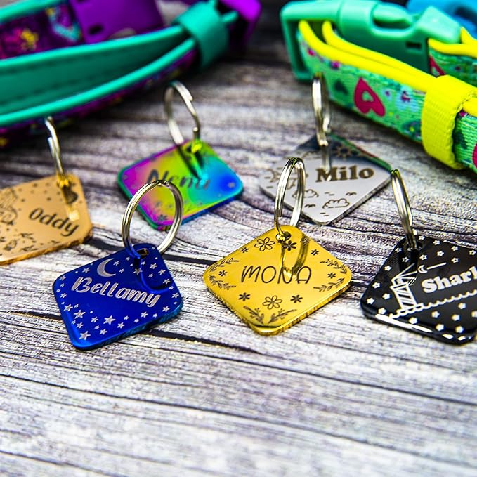 Personalized Dog Tag with 5 Lines of Custom Deep Engraved Durable Stainless Steel Pet ID Name Tag Designer Small Size Diamond-Mewly Pet