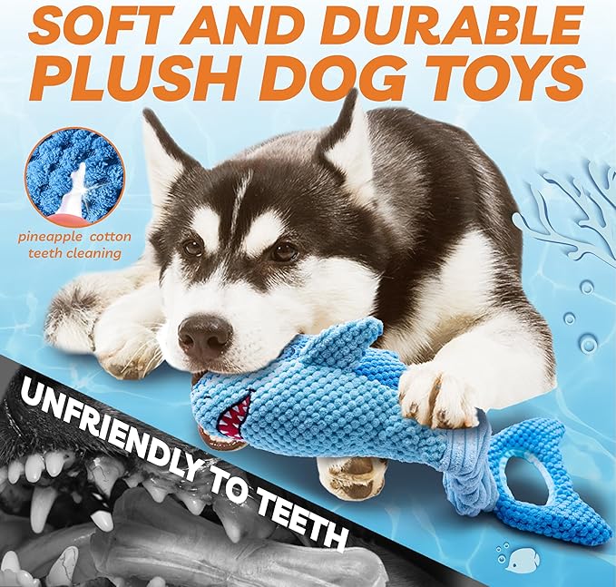 Dog Toys for Large Dogs, Squeaky Dog Toys for Aggressive Chewers, Plush Dog Chew Toys for Teething, Interactive Shark Dog Toys to Keep Them Busy Tug Of War Puppy Toys for Small,Medium,Large Breeds-Mewly Pet