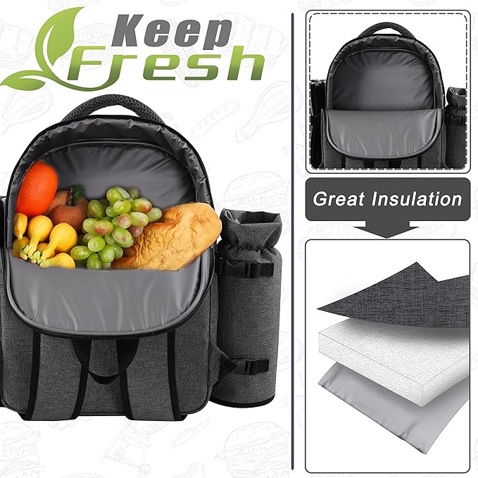 apollo walker Picnic Backpack Bag for 2 Person with Cooler Compartment, Detachable Bottle/Wine Holder, Fleece Blanket, Plates and Cutlery Set (2Person,Grey)-Mewly Pet