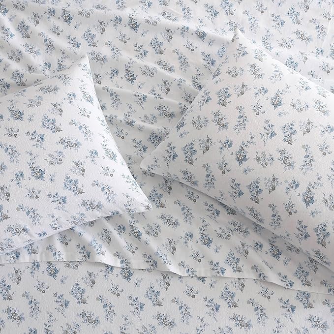 Laura Ashley - Flannel Sheets Queen Size, Anti-Pilling & Wrinkle Resistant Cotton, Touchably Soft for All-Season Comfort - Bed Sheets with Matching Pillowcases & Fitted Sheet (Audrey Blue)