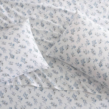 Laura Ashley - Flannel Sheets King Size, Anti-Pilling & Wrinkle Resistant Cotton, Touchably Soft for All-Season Comfort - Bed Sheets with Matching Pillowcases & Fitted Sheet (Audrey Blue)