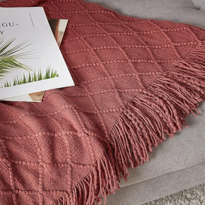 BOURINA Burgundy Throw Blanket 50x60 Inches Throw Textured Solid Soft Sofa Couch Decorative Knit Blanket