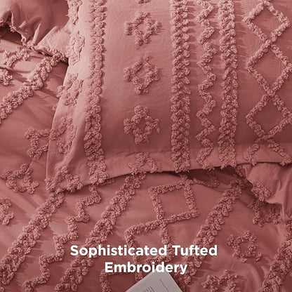 Bedsure Tufted Boho Comforter Set Twin Size - Grayish Pink Boho Bed Set, GentleSoft™ 2 Pieces Farmhouse Shabby Chic Embroidery Bedding, Gifts for Woman, Soft Jacquard Twin Comforter for All Seasons