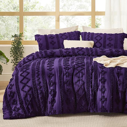 Bedsure Tufted Boho Comforter Set King Size - Purple Boho Bed Set, GentleSoft™ 3 Pieces Farmhouse Shabby Chic Embroidery Bedding, Gifts for Woman, Soft Jacquard King Comforter for All Seasons