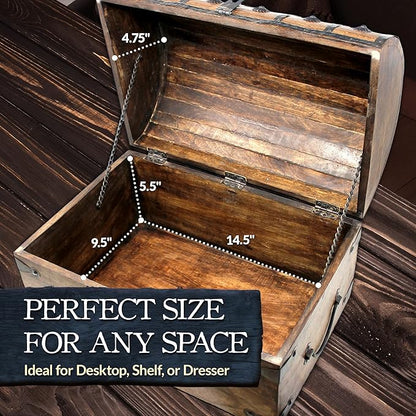 Nautical Cove Handmade Pirate Treasure Chest for Kids Prizes & Classroom with Lock and Skeleton Keys – Lockable Wooden Storage Chest Box, Pirate Decor, Decorative Wooden Box - X-Large 16x11x10.5