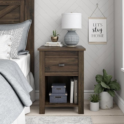 Ameriwood Home Farmington Country Style Nightstand with Barn Door Design, Concealed Drawer and Open Cubby, Textured Weathered Medium Brown Finish