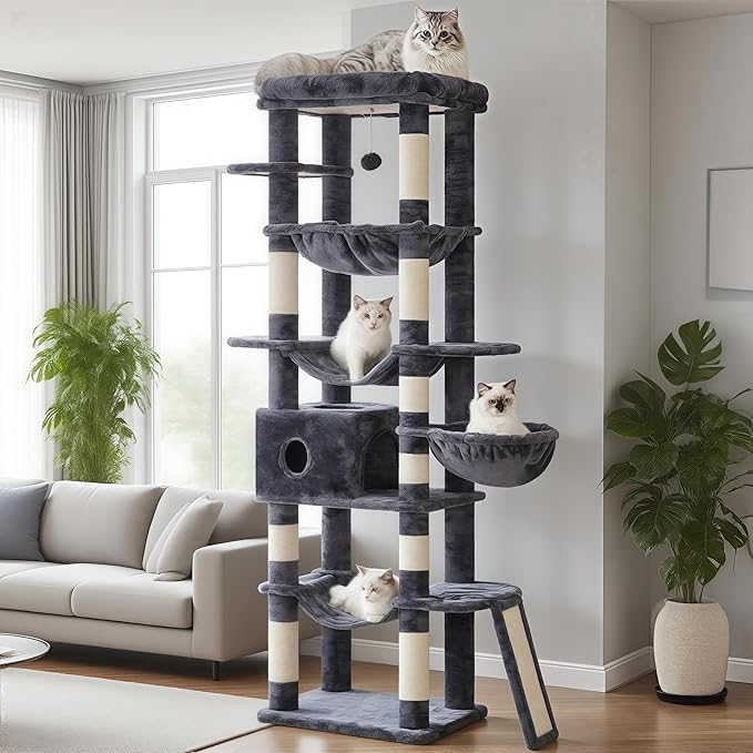 Hey-brother Cat Tree, 69.3-Inches Multi-Level Plush Cat Tower for Indoor Cats with Large Top Perch, Extra Spacious Hammock, 2 Hammocks Ramp, Hanging Ball, Smoky Gray MPJ037G-Mewly Pet