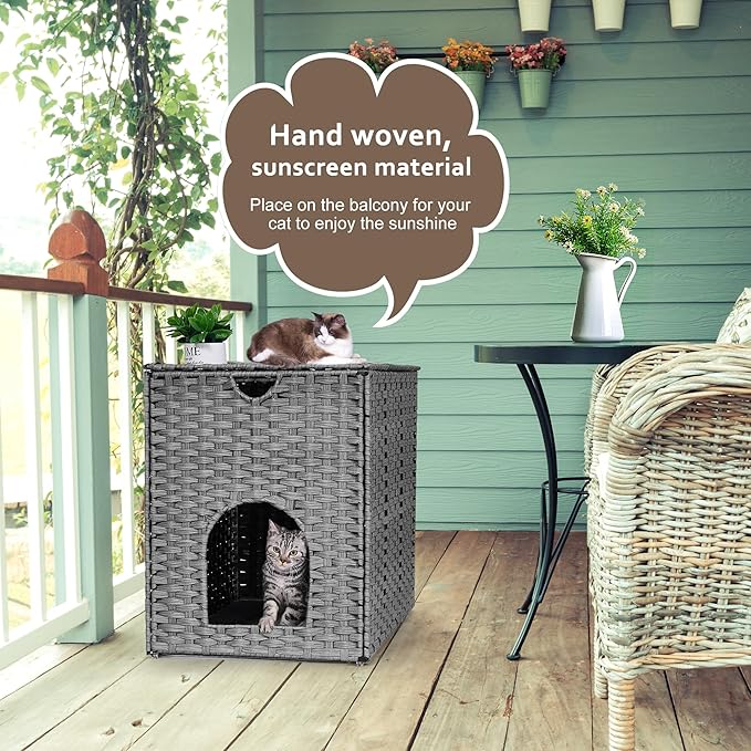 Cat Litter Box Enclosure with Litter Trapping Mat; Handwoven Plastic Rattan Cat House; No Installation Hidden Cat Washroom; Pet Crate for Balcony,Bedroom,Living Room-Mewly Pet