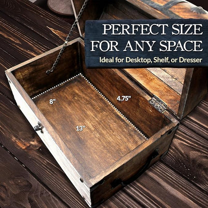 Nautical Cove Handmade Pirate Treasure Chest for Kids Prizes & Classroom with Lock and Skeleton Keys – Lockable Wooden Storage Chest Box, Pirate Decor, Decorative Wooden Box - Large 13x8x8.25