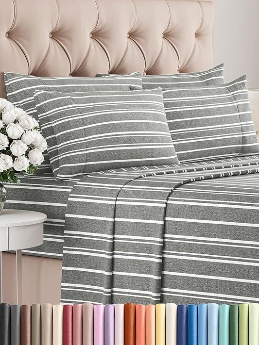 King 6 Piece Sheet Set - Comfy Breathable & Cooling - Soft Hotel Luxury Bedding Set with 8-16 Inch Deep Pockets - 1 Flat & 1 Fitted Sheet & 4 Pillowcases - Wrinkle Free & Easy Care - Grey Stripes 3