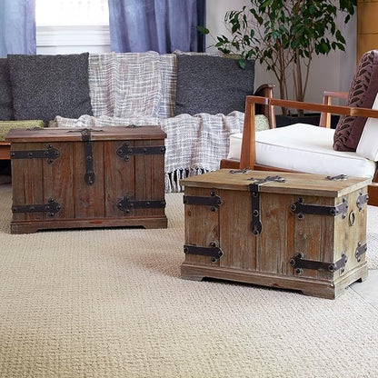 Household Essentials 2 Piece Decorative Trunks, Victorian Set, Small and Large, Chinese Fir Wood, Aged-Wood Finish with Metal Accents, Fully Opening Lid, Stout Design, Ring Handles