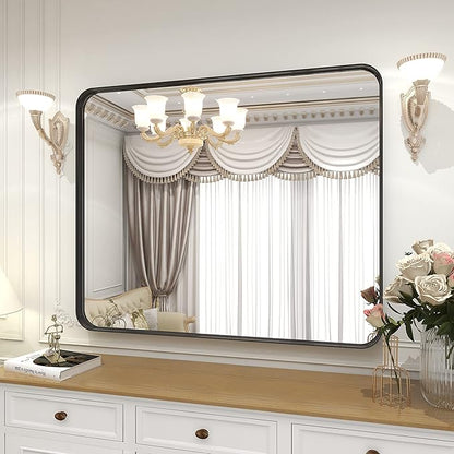 VooBang Bathroom Mirror 24x32 inch, Black Gorgeous Deep Frame Wall Mirror, Modern Round Corner Bathroom Vanity Mirror for Bedroom, Living Room, Hanging or Leaning Horizontal or Vertical, Black