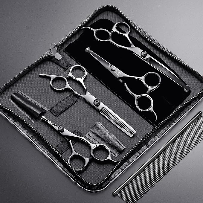 Gimars 7inch Professional 4CR Stainless Steel 6 in 1 Grooming Scissors for Dogs with Safety Round Tip, Heavy Duty Titanium Coated Pet Grooming Scissor for Dogs, Cats and Other Animals-Mewly Pet