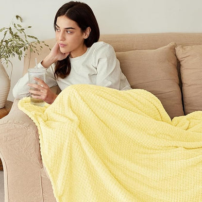 Exclusivo Mezcla Fleece Throw Blanket Extra Large, Super Soft and Warm Blankets for Couch, Sofa and Bed Waffle Textured, Cozy, Fuzzy and Lightweight (Light Yellow, 50x70 Inches)