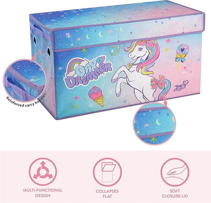 Idea Nuova JoJo Siwa Unicorn Bow Day Dreamer Collapsible Children’s Storage Trunk, Durable with Soft Lid, 28.5"x14.5"x16"