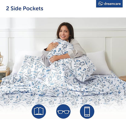 DREAMCARE King Size Floral Sheets - 4pc King Bed Set - Cooling & Soft Long Lasting - Floral Blue
