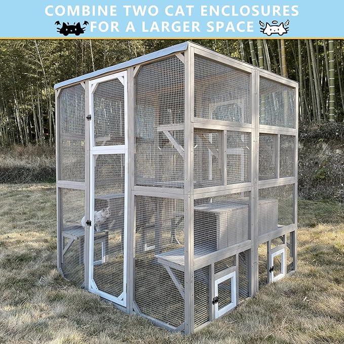 Catio Outdoor Cat Enclosure Large Window Cat House Walk in Kitty Cage with Multi-Level Platforms, Waterproof Roof for Mulitiple Cats (59" L x 29.5" W x 67.7" H)-Mewly Pet