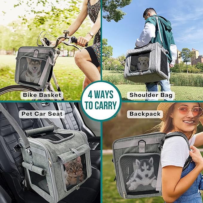 Dog Bike Basket, Expandable Soft-Sided Reflective Pet Carrier Backpack with 4 Open Doors, 4 Mesh Windows for Medium Small Dog Cat Puppies (Grey)-Mewly Pet
